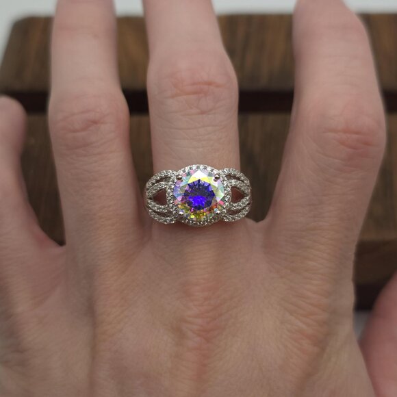 Size 9.75 Sterling Silver Rainbow Cubic Zirconia Gem Ring A922 - Picture 3 of 9